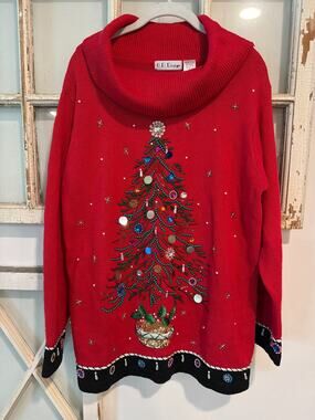B.P. Design size large red Christmas sweater with beaded Christmas tree